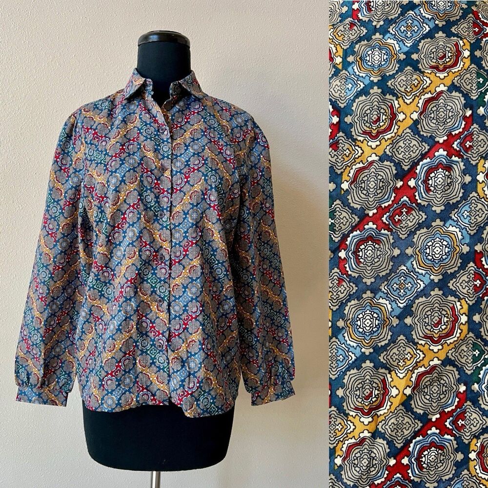 Vintage 70s Levi’s Bend Over Blouse Top Women’s Large Geometric Disco Secretary
